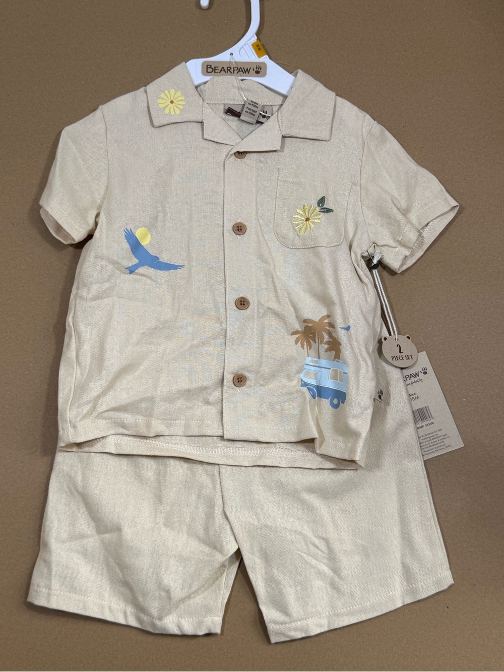 BearPaw Cream Tropical Print Kids Pajama Set with Blue and Yellow Accents